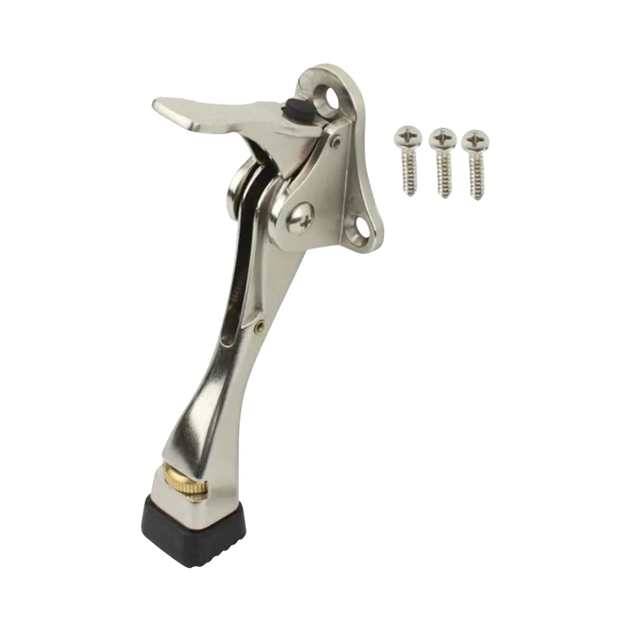 The Go Build Commercial Grade Kick Down Doorstop - Satin Chrome is shown on a white background with a black rubber tip, adjustable foot, and four matching screws.